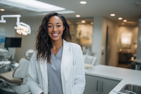 Professional portrait of a Black female dentist in a modern dental clinic with a radiant smile