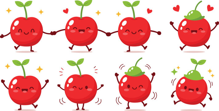 Cute cherry cartoon character collection with different emotions kawaii fruit mascots happy jumping vector illustration set