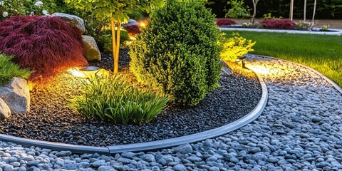 Naklejka premium Illuminated garden pathway with landscape lights, featuring flowers and lush shrubs at dusk.