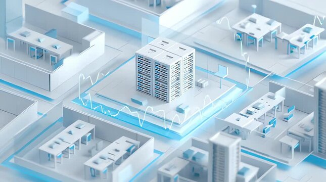 3d isometric modern building model in city environment. BIM (Building Information Modeling) model visualizing a smart city environment. 