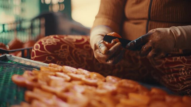 Worker hands carefully peeling persimmon fruit during the drying process