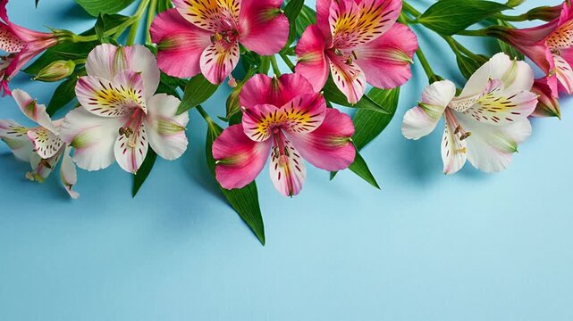 Beautiful Alstroemeria flowers with green leaves on a light blue backdrop, providing vibrant copy space for spring, summer, greeting cards, Mother's Day, and festive design templates.