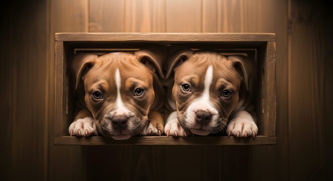 Adorable brown and white pit bull puppies looking directly at camera from a cozy wooden box