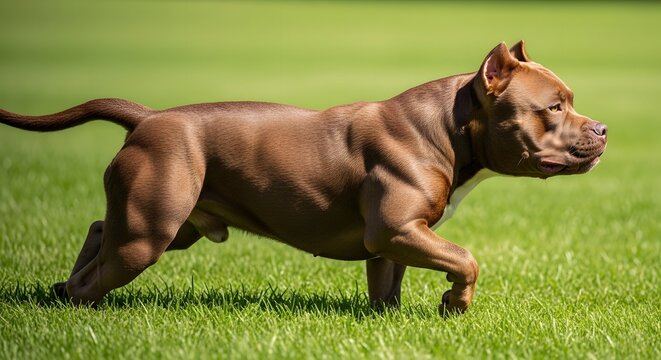 Muscular brown pitbull dog running on vibrant green grass showing power and athleticism