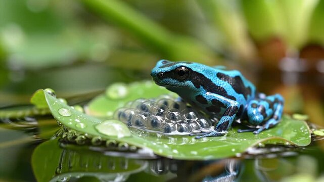 A brightly colored frog with striking blue and black patterns perched protectively over a cluster of eggs on a green leaf in a serene wetland