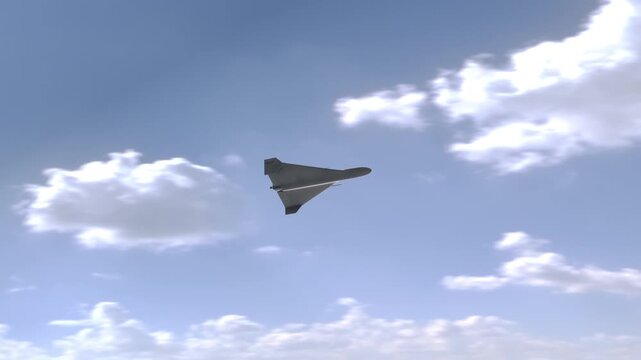 Shahed 136 Kamikaze Drone Flying By to Target on Blue Sky Cloud Background. Close-up detailed 3d animation. UAV Unmanned Aerial Vehicle. Modern Technology Warfare in the Air. Combat Aircraft.