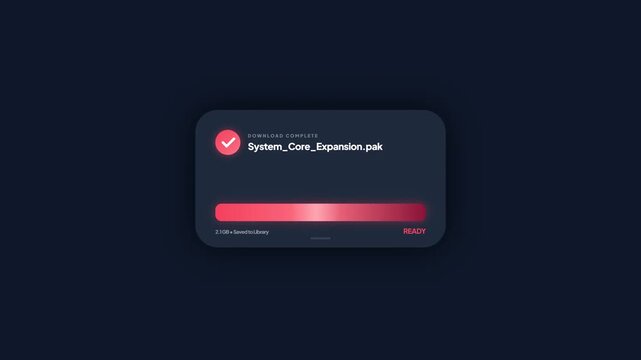 3D Animated System Core Expansion Download Complete Progress Bar UI Interface Digital File Transfer Success Notification Software Update Dashboard 4K Motion Graphics Video Stock Footage