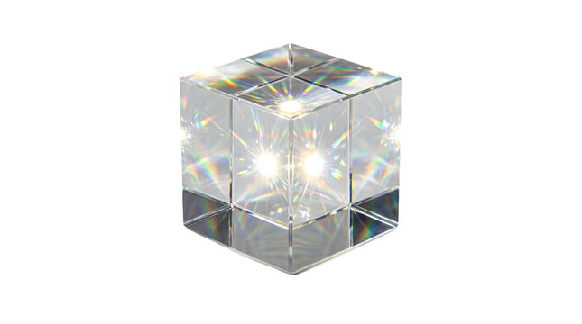 A dazzling clear crystal geometric prism cube with brilliant light reflections and rainbow spectrum refractions on transparent background. on transparent background