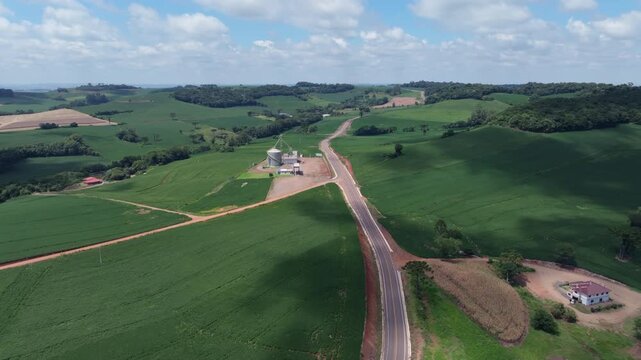 Rural road overflight across soybean farmland and preserved native forest under open sky, captured in D-Log with 10-bit color.