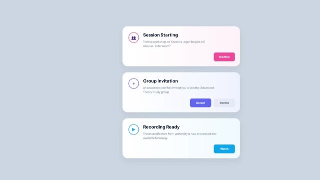 User Interface Notification Card Animation Pack featuring Session Starting Group Invitation and Recording Ready, 4K Motion Graphics for Educational App and Study Platform UX Design