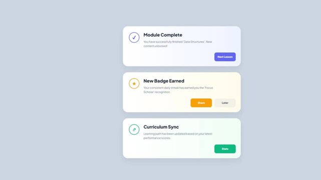 Educational Gamification Interface Animation 4K Motion Video Of Module Complete New Badge Earned And Curriculum Sync Notification Cards For Online Learning Path And Student Achievement Concept