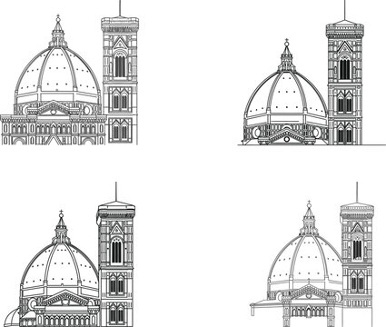 Florence cathedral dome and giotto's campanile, sketch, architectural landmarks, vector art