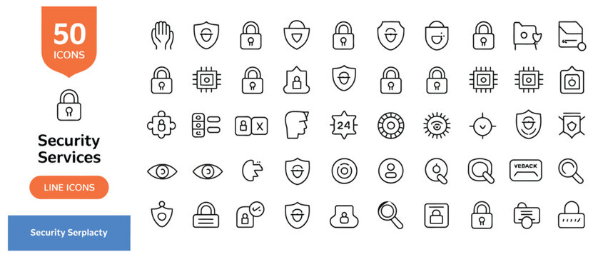 Extensive security services line icons for robust digital protection and online safety solutions
