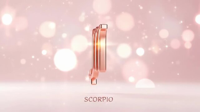 Golden scorpio zodiac sign on light pink background with bokeh. Horoscope and astrology concept for spiritual design.