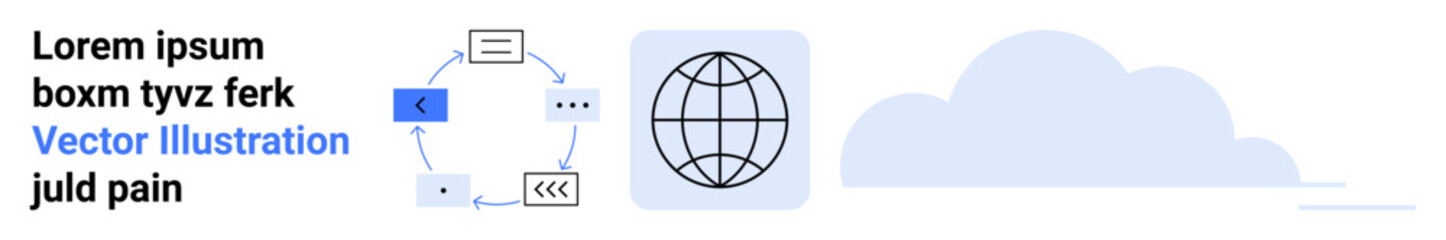 Fototapeta premium Technology, cloud computing, networking, global communication, workflow processes, data sharing. Circular workflow diagram and globe icon. Technology and networking concept