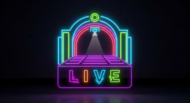 Neon jukebox with colorful live sign on dark background