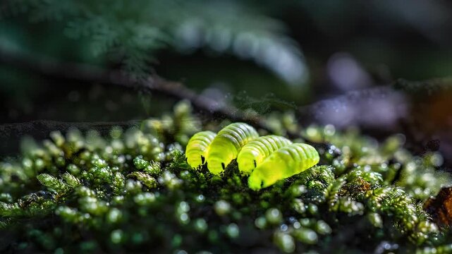 Glowing firefly larvae resting on a verdant forest floor with soft, dappled lighting creating an enchanting atmosphere