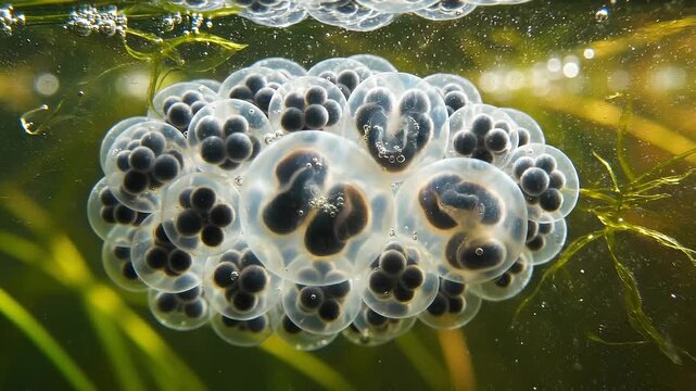 Close-up shot of transparent frog eggs floating in clear water among green aquatic plants, showcasing intricate details of the eggs