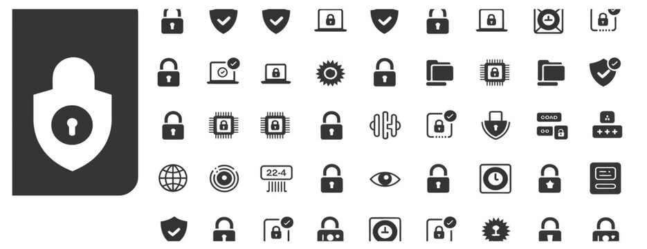Extensive solid glyph icons for cybersecurity, data protection, and digital privacy solutions