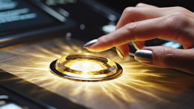 Close-up of a hand pressing a glowing button on a modern interface with an illuminated background, showcasing sleek design and vibrant colors