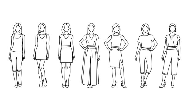Female body diversity silhouette set fashion standing figures vector