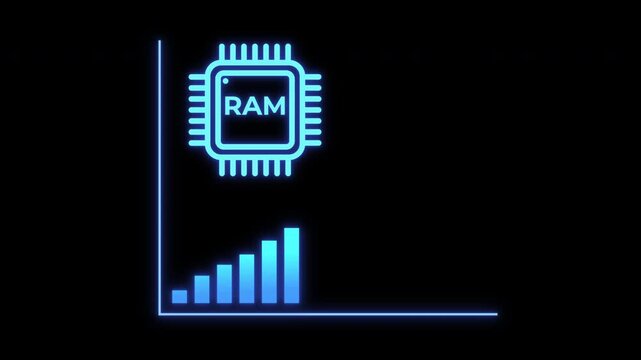 Rising bar chart with RAM chip icon on dark background. Memory price increase shown through upward trend. Semiconductor market growth and hardware cost concept.