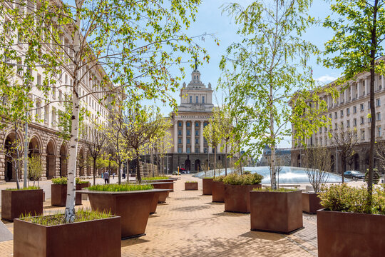 Stunning Architecture and Modern Landscaping at Independence Square in Sofia, Bulgaria. Contrast between the heavy Stalinist Gothic architecture and the light, modern landscaping