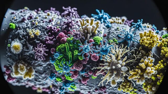 Close-up view of vibrant microbial growth displaying various colors and intricate structures on a surface