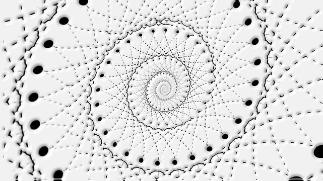 Swirling pattern of dots and lines rotates in a spiral form on a white background