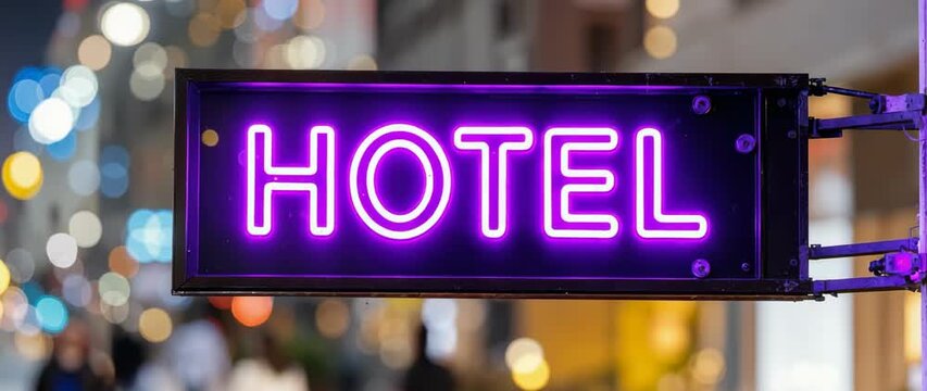 Travel And Tourism Concept Neon Hotel Sign At Night With Bokeh And Pedestrians BRoll For Commercials.