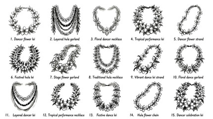 Collection of 15 Hand-Drawn Illustrations of Various Hawaiian Leis and Garlands, Each Labeled with a Number and Description. © Renald