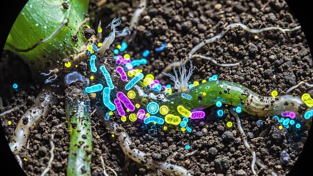Close-up of vibrant bacteria colonies among plant roots in rich soil, showcasing colorful microorganisms