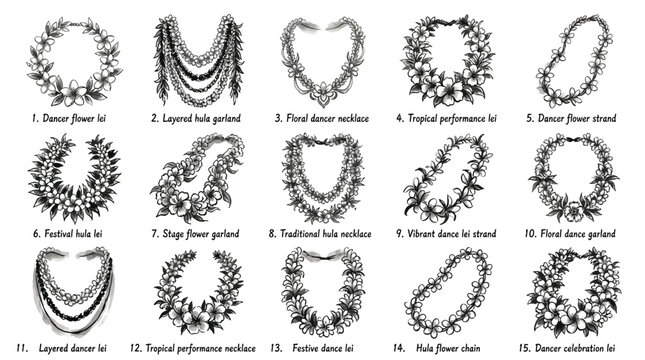 Collection of 15 Hand-Drawn Illustrations of Various Hawaiian Leis and Garlands, Each Labeled with a Number and Description.