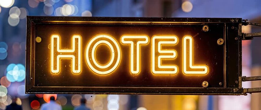 Travel And Tourism Concept Neon Hotel Sign At Night With Bokeh And Pedestrians BRoll For Commercials.