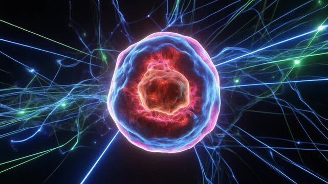 A glowing red and blue neuron fires electric impulses in a dark space