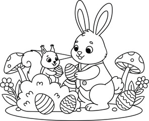 Obraz premium Easter coloring page shows a cute bunny and squirrel with decorated eggs in a spring scene