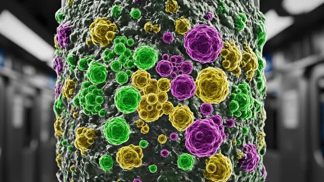 Close-up of colorful virus particles on a subway pole, with a blurred train interior in the background, creating a striking contrast