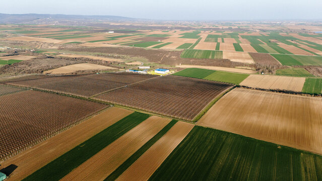Aerial view of a patchwork of agricultural fields, showcasing a blend of earthy browns and vibrant greens under a clear sky, Jazak, Vojvodina, Serbia.