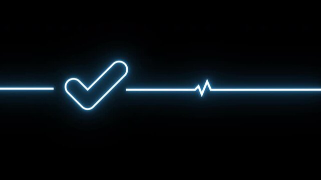 Glowing checkmark with pulse line on dark background. Approval confirmation with steady signal indicator. Success validation and system status concept animation.