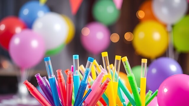 libertarian. Colorful party blowers and balloons on a table, festive celebration with soft lighting. lifestyle magazines.