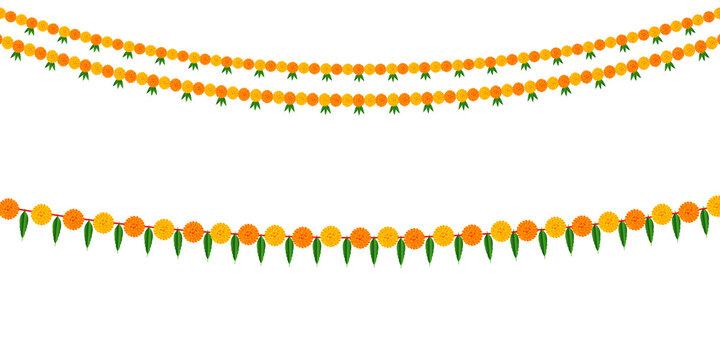 Indian marigold flower garland decoration: traditional celebration festival of ram, navami, dussehra, Diwali, wedding, invitation, card, floral on transparent background, PNG image.