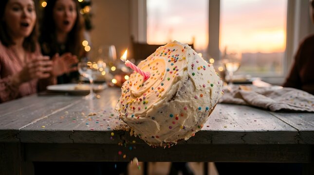Action shot of a birthday cake falling off a wooden table during a celebration with shocked people in the background