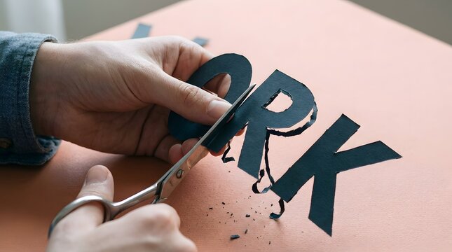 Hands using scissors to cut the word WORK printed on paper, conceptualizing a reduction in workload, job change, or life balance.