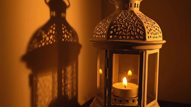 White decorative lantern with burning candle casting ornate shadows on a warm orange wall creating a cozy and peaceful indoor atmosphere at night