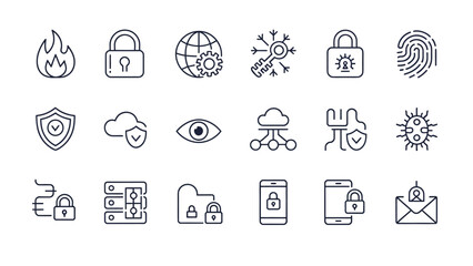 Fototapeta premium A modern collection of cybersecurity and data protection line icons, illustrating secure networks, digital privacy, and online threat prevention concepts.