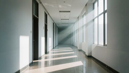 Fototapeta premium Long Empty Modern Corridor Bathed in Bright Sunlight and Deep Shadows Creating a Sense of Perspective Future Possibilities and the Quiet Harmony of Contemporary Architectural Design.