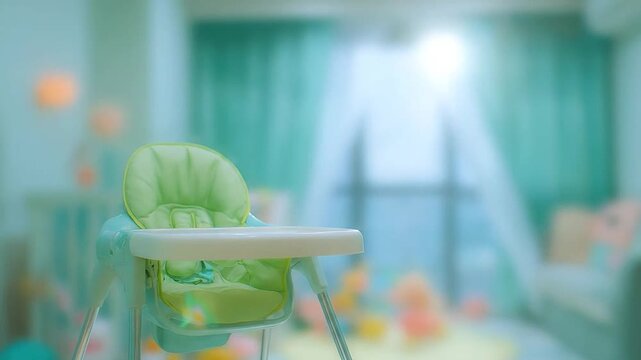 An empty green baby high chair in a bright, modern nursery room.