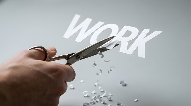Hands using scissors to cut the word WORK printed on paper, conceptualizing a reduction in workload, job change, or life balance.