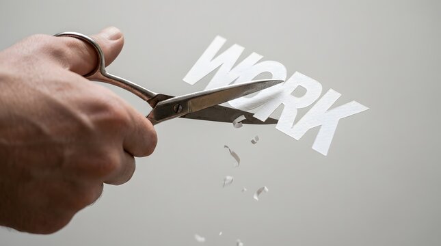 Hands using scissors to cut the word WORK printed on paper, conceptualizing a reduction in workload, job change, or life balance.