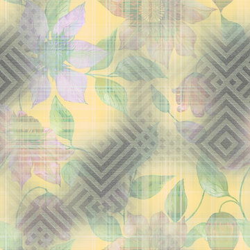 Abstract Allover pattern mix geometric design seamless creative effect damask ajrakh motif in repeat for digital print multicolor fashion saree suit kurti parda chader rug all type fabric printing.
